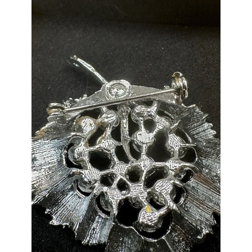 Vintage Aurora Borealis Crystal and Rhinestone Silver Tone Leaf Brooch Lapel Pin